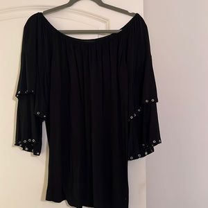Off the shoulder black top. Cool silver studded tiered sleeves.